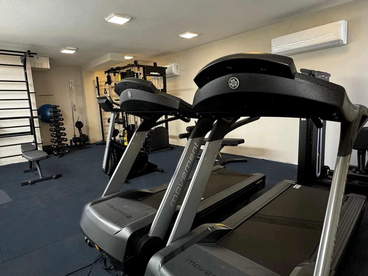 Academia com esteiras, aparelhos de musculação e espaldar